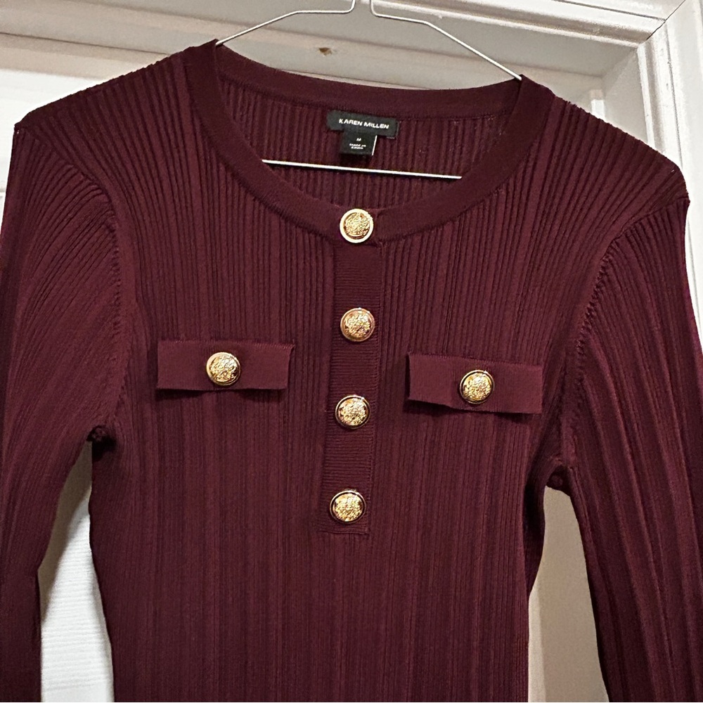 Karen Millen Military Trim Rib Knitted Midi Sweater Dress Medium Wine Colored - Picture 4 of 7